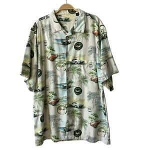 Vintage Hawaiian Shirt Men 2XL Green Chevrolet Corvette Cars Print Beach Surf